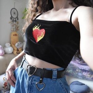 Black cropped velvet tank top with embroidered red flaming heart.